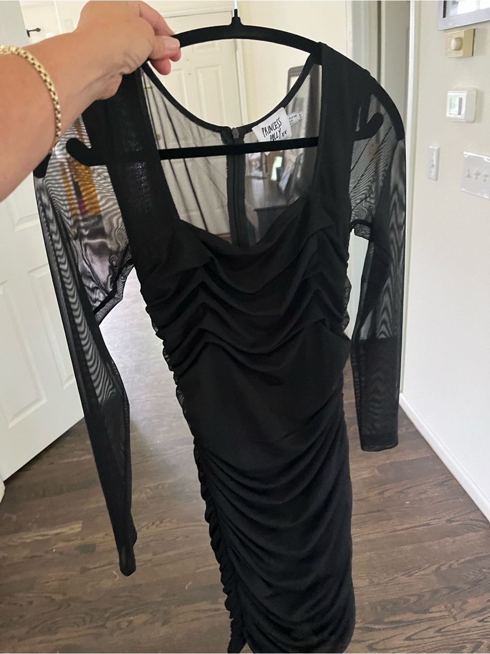Princess Polly Sheer Mesh Long Sleeve Ruched Mini Dress Black Size 6